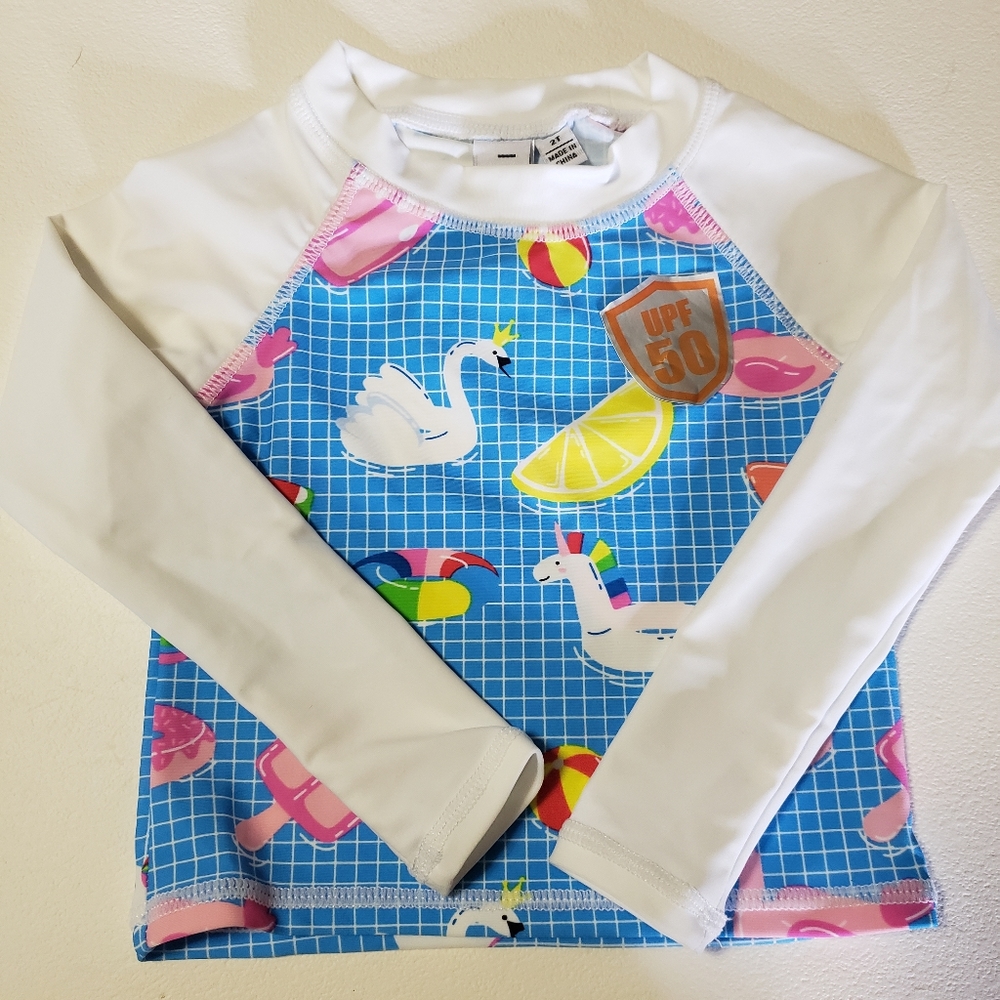 Ingear Long Sleeve Rashguard Top White Blue Colorful Print Toddler Size 2T NWT